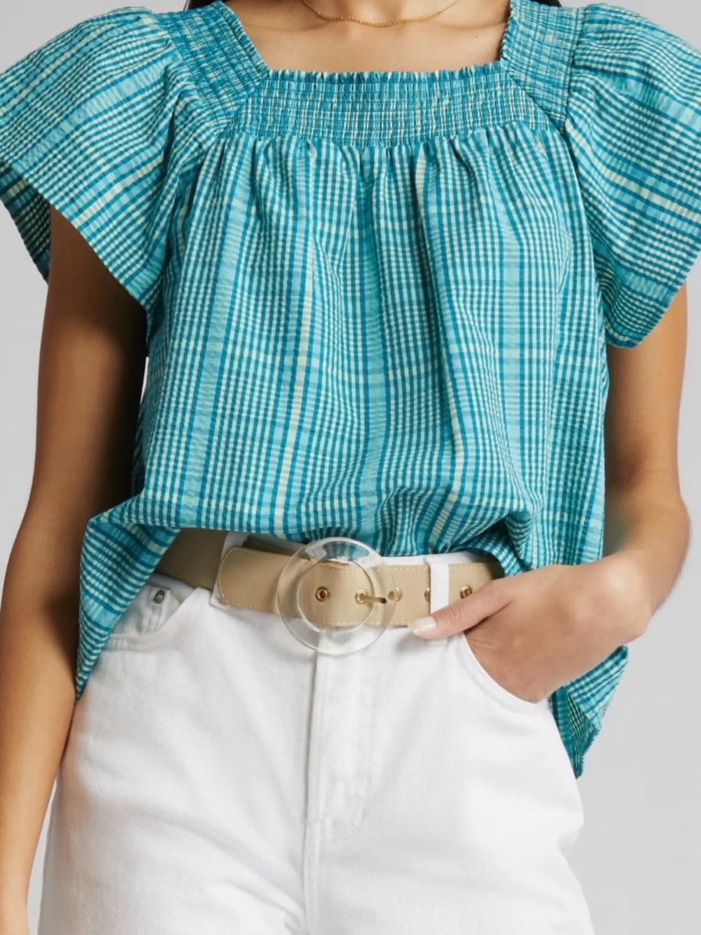 Rails Sonora Smocked Plaid Top XXS Blue Green Gingham Puff Sleeve Cottagecore